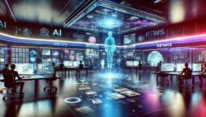DALL·E .. A futuristic newsroom with AI powered screens displaying dynamic news stories data visualizations and digital reporters. The environment is sleek an