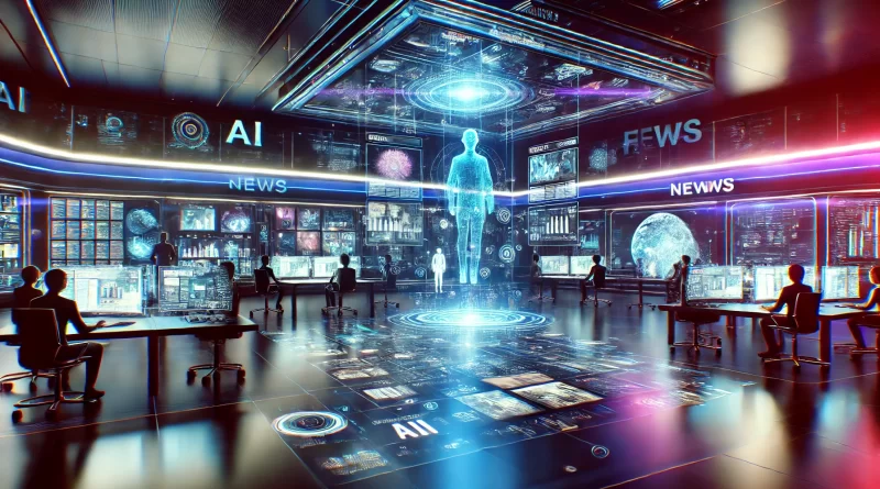 DALL·E .. A futuristic newsroom with AI powered screens displaying dynamic news stories data visualizations and digital reporters. The environment is sleek an